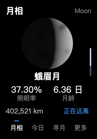 月相界面，展示月面、照明率、月龄和月地距离
